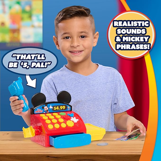 Disney Jr. Mickey Mouse Clubhouse Cash Register with Sounds, Phrases, and Pretend Play Money, 10-Pieces, Holiday Stocking Stuffers, Gifts, Presents, Ages 3 and Up by Just Play