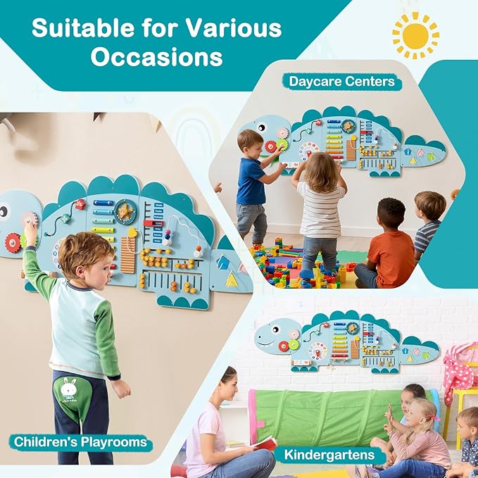 HONEY JOY Dinosaur Activity Wall Busy Board Panels, 11-in-1 Wooden Sensory Wall Panel for Kids, Toddler Learning Activity Center, Ideal for Playroom Daycare Nursery Classroom Dentist Office (Blue)