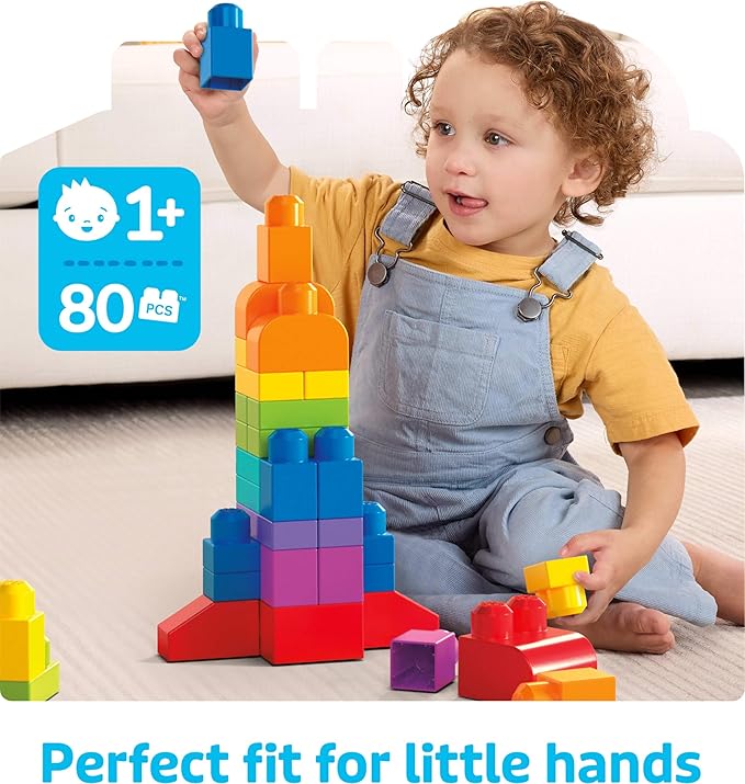 MEGA BLOKS First Builders Toddler Blocks Toys Set, Big Building Bag with 80 Pieces and Storage, Blue, Ages 1+ Years