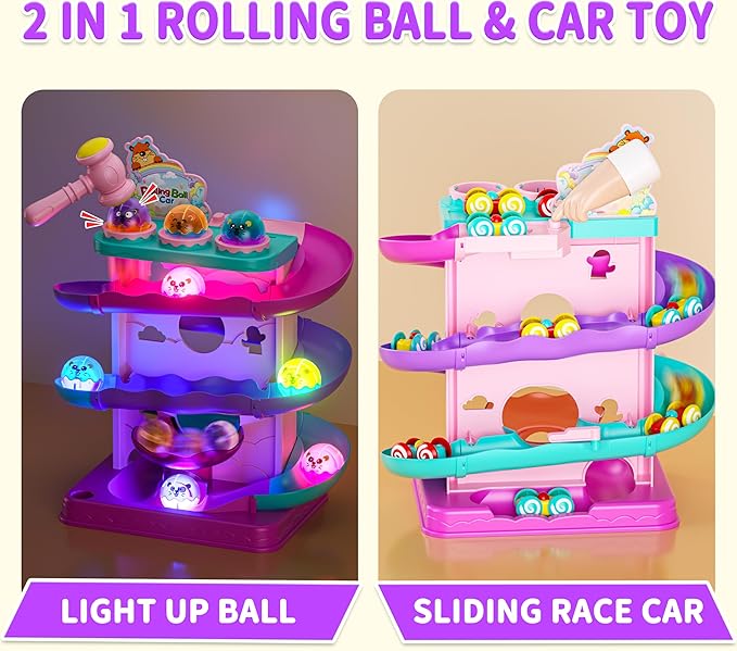 Funwee 2-in-1 Ball & Racing Car Ramp Toy for Toddlers, Race Track Hammer Rolling Lights Ball Drop, Interactive Montessori Learning Game Birthday Gift Idea for Kids 2 3 4 5+Year Old Girl Boy(Pink)