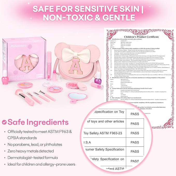 Kids Makeup Kit for Girls - 15 Pcs Real Washable Make Up Set - Non Toxic Toddlers Cosmetic with Letter Mouse Ear Purse - Dress up Birthday Gifts for 3 4 5 6 7 8 Years Old Girls - A