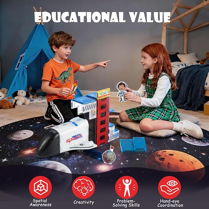 Space Theme Magnetic Tiles Building Set, 30-Piece Construction Toy with Rocket Ship Design, Educational STEM Playset for Kids