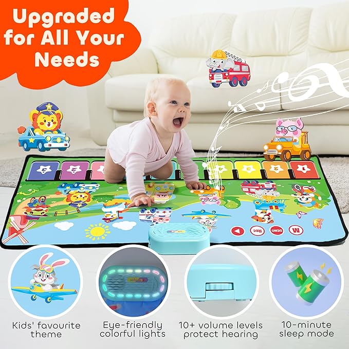 MOMUSE Piano Music Mat with 80 Sounds, Large Animal Car Touch Blanket Playmat Carpet Musical Toddlers Toys 1-3, Floor Keyboard Dance Sensory Educational Mat Boys Girls Gifts for 1 2 3 4 5 Years Old