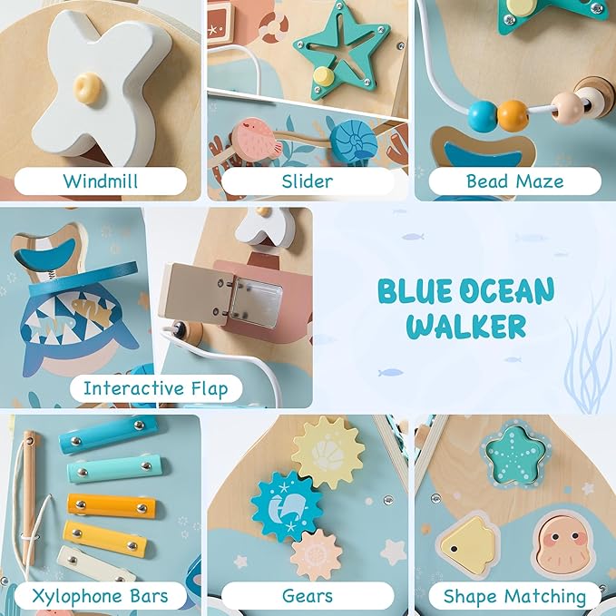 ROBUD Wooden Baby Walker, Montessori Walker Toy, Baby Push Walker with Brake, Activity Center, Adjustable Height Handle, Push Toys for Boys and Girls Learning to Stand and Walk, Ages 10m+