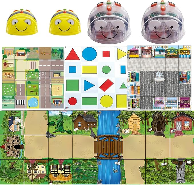 STEM Bee-Bot and Blue-Bot Classroom Bundle See and Say Coding Robot with Countryside Mat, Shape Color & Size Mat, Marketplace Mat, Fairy Tale Mat