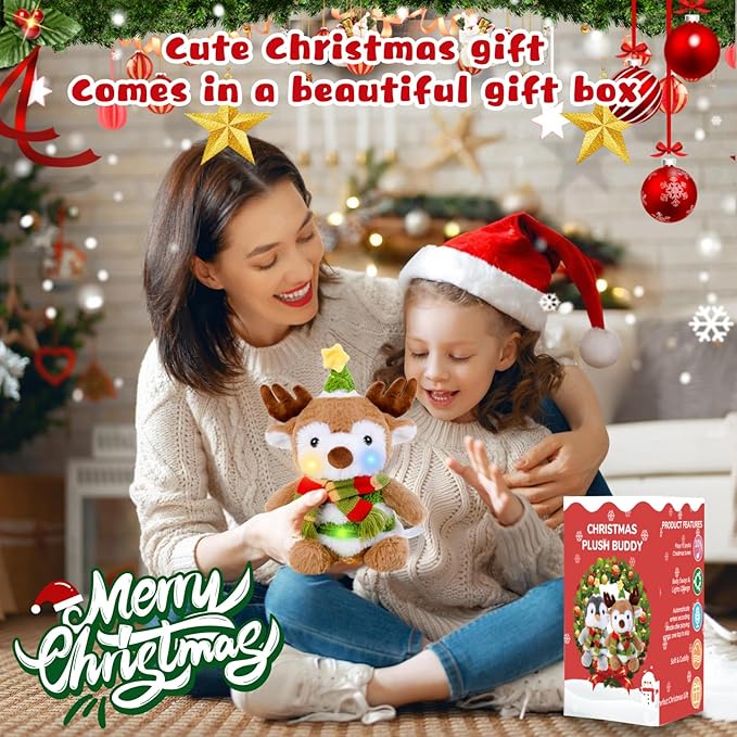 Christmas Reindeer Plush Interactive Toy, Dancing Singing Repeating Light up Reindeer Stuffed Animal, Animated Christmas Plush Musical Holiday Decorations for Kids Boys Girls Gifts