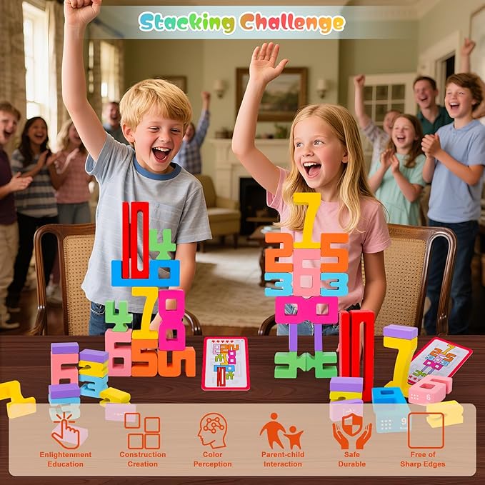 40 PCS Wooden Number Building Blocks, Math Learning Tools Digital Building Blocks 1-10 for Kids, Stacking Blocks Toys, Educational Toy Birthday Christmas Halloween Party Favors for Boys Girls