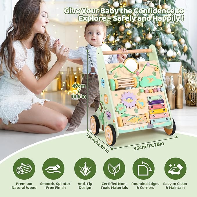 Wooden Baby Walker with Adjustable Speed, Montessori Push Walker Toy with Activity Center & Wheels, Sturdy Learning Toy for Boys and Girls