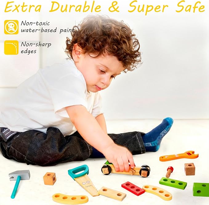 KIDWILL Tool Kit for Kids, 36-Piece Wooden Toddler Tools Set Includes Tool Box, Montessori Educational Stem Construction Toys for 2 3 4 5 6 Year Old Boys Girls, Best Birthday Gift for Kids