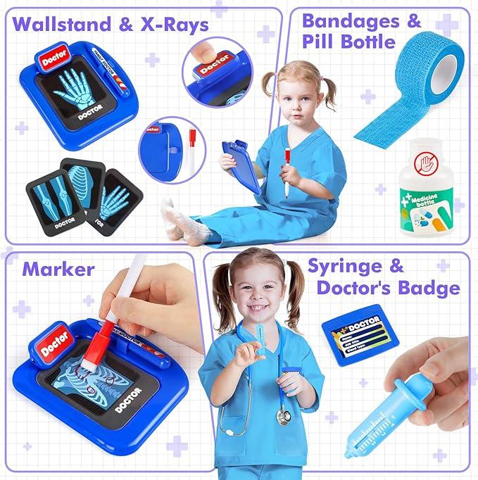 Doctor Kit for Kids, 17 Pcs Medical Play Set with Bag and Dress Up Costume for Toddlers 3-5, Pretend Play Toys for Boys Girls, Halloween Christmas Birthday Gifts