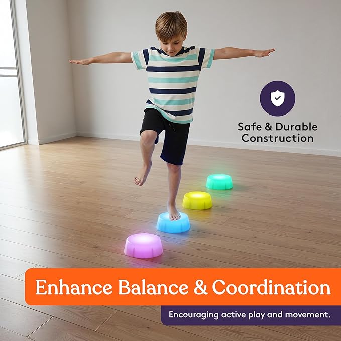 Special Supplies LED Stepping Stones for Kids – 4 Pack Light-Up Balance Blocks – Promote Coordination, Balance, Strength for Toddlers & Children – Durable Non-Slip Rubber, Safe Indoor & Outdoor Play