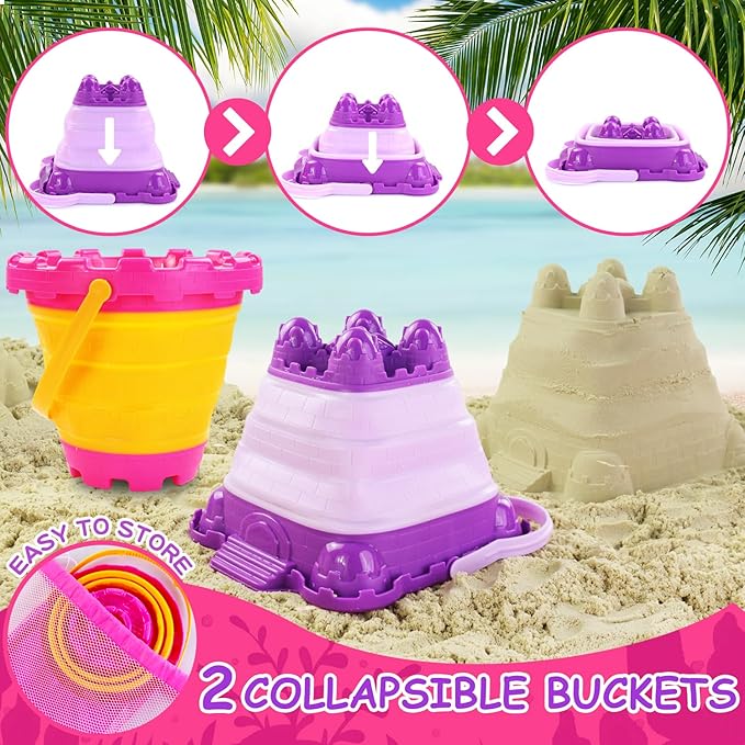Beach Sand Toys, 50Pcs Sandbox Toys with 2 Collapsible Buckets, Mesh Backpack Bag, Shovels, Ice Cream, Cake & Castle Sand Molds, Summer Outdoor Travel Toys for Kids Toddlers Girls