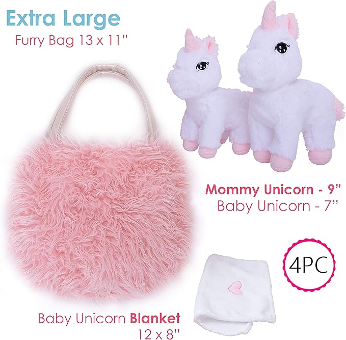 Perfectto Design Unicorn Toy for Girls Age 3, 4, 5. 4 PCS Set - Mommy Baby Stuffed Animal, Bag and a Doll Blanket. Unicorn Gift for 3-6 Year Old Girl Birthday or Christmas. (White Pink)