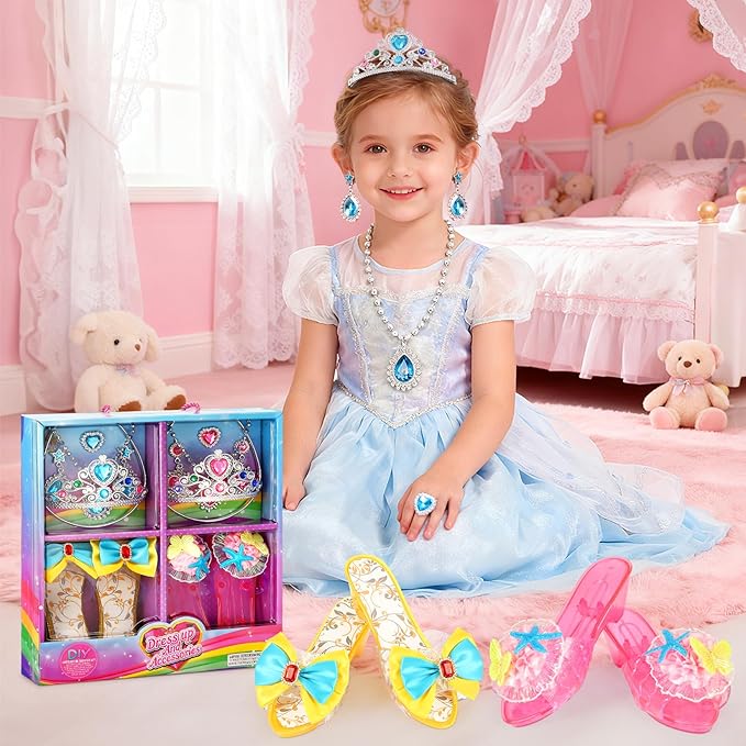Princess Dress Up Shoes Set Girls Role Play Shoes Toddler Pretend Jewelry Toys Set Gift Set 2 Pairs of Shoes Kit Collection of Tiara Crown Earrings Necklace Rings for Girls Aged 3-6 Years Old