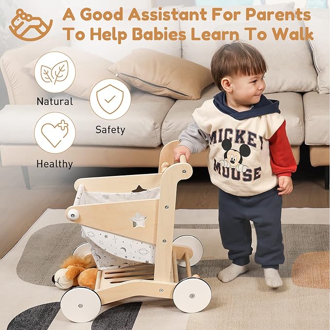 Woodtoe Wooden Baby Walker Doll Stroller | Adjustable Speed Shopping Cart for Toddlers 1-3 | Baby Push Walker - Pretend Play Grocery Cart | Wood Stroller Push Toys for Baby 1 2 3, 1st Birthday Gift