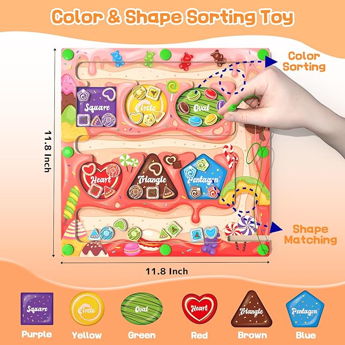 Magnetic Color & Shape Maze - Montessori Toys for 3 Years Old Girl Boy, Color and Shape Sorting Toy, Magnetic Activity Puzzle Board for Kids, Fine Motor Skill Game