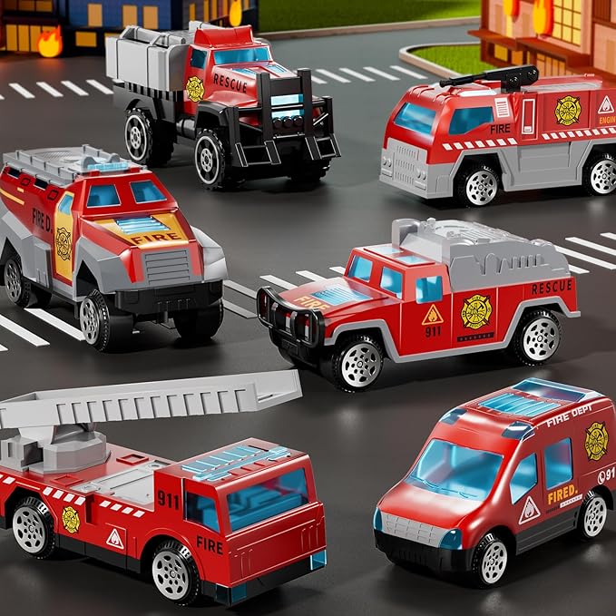Fire Toys for 3 4 5 6 Years Old Boys Girls Kids, Die Cast Metal Fire Truck Toys W/Play Mat, Rescue Emergency Fire Truck Car Toy, Toddler Car Toy Christmas Birthday Gifts for Boys