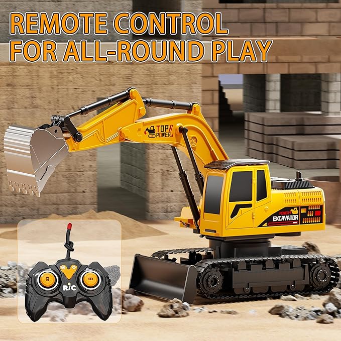 Remote Control Excavator for Boys 4-7, RC Excavator for Kids, 27 MHz Construction Trucks Vehicles Toys for Toddlers 1-3 3-5 4-7 with Metal Shovel and Light Birthday Boys Gifts