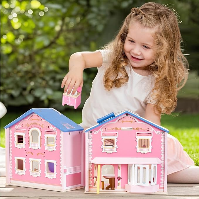 Giant bean Exquisite Pink Wooden Dollhouse for Girls with 2 Dolls and 12pcs Wooden Furniture,Foldable and Portable Pretend Play House Set with Handle, Christmas Birthday Gift for Girls Kids Age 3+