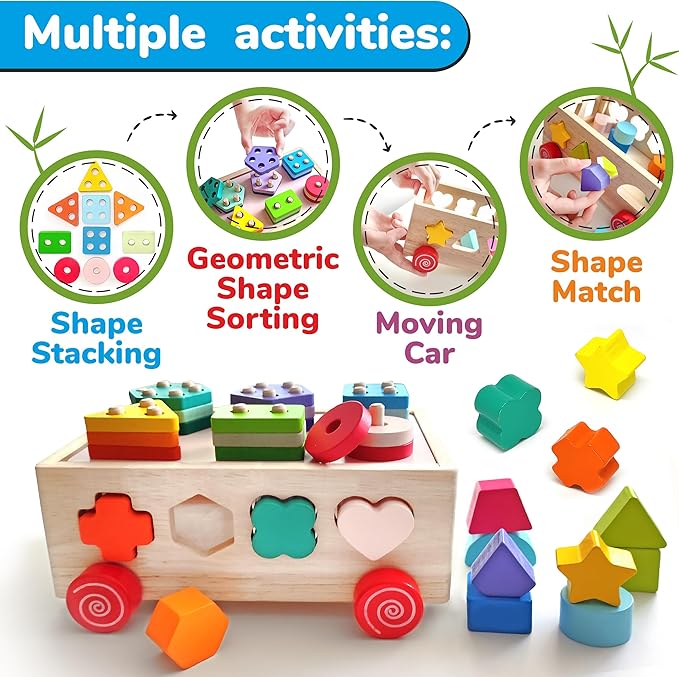 Montessori Wooden Shape Sorter Toy - Shape Stacking Blocks for Toddlers 1-3, Sensory Toys with 6 Pieces