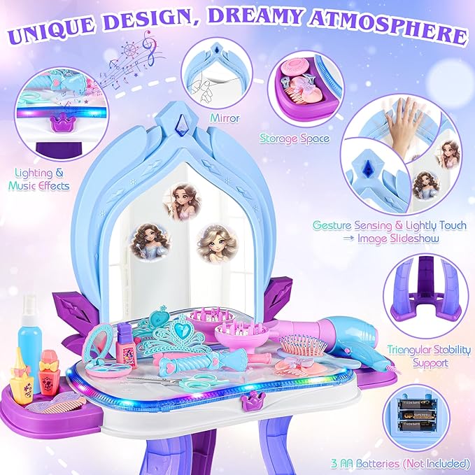 Princess Vanity for Toddlers Girls 3-5 Years Old, Kids Vanity Table and Chair Set with Magic Mirror Light Music, Toddler Makeup Dresser Set, Interactive Pretend Play Dress Up Beauty Salon Toys Gifts