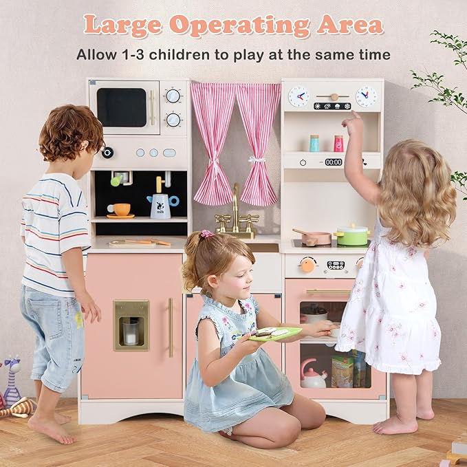INFANS Kids Kitchen Playset, Cooking Toy Kitchen Set with Coffee Machine Stove Removable Sink Microwave Storage Cabinet, Simulation Wooden Play Kitchen for Toddler Boys Girls