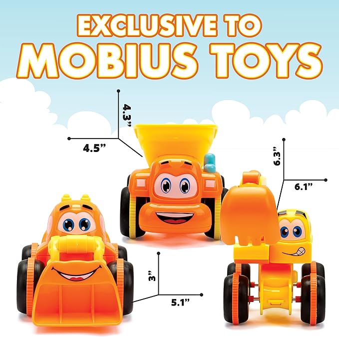 MOBIUS Toys Cartoon Builders Truck Set with Playmat & 16 Accessories – 3-Pack Push & Go Construction Vehicles for Toddlers Ages 2–5 – Dump Truck, Mixer, Bulldozer & Excavator, Gift Playset