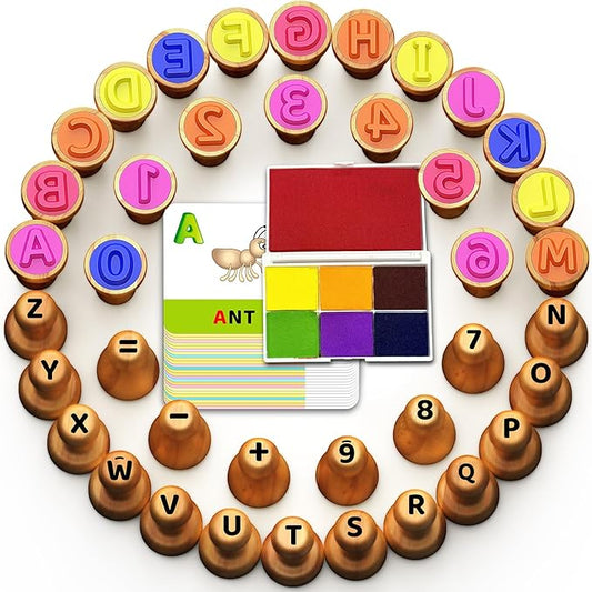 Montessori Wooden Letter & Number Stamps Set with 7-Color Ink Pads, ABC 123 Flashcards & Math Games - Preschool Learning Toys for 3-5 Year Olds, Safe Toddler Art Supplies, Alphabet Stamping Kit