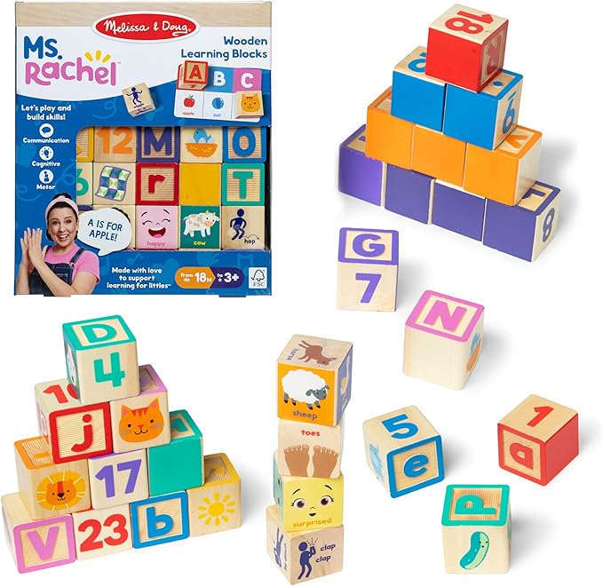 Ms. Rachel Melissa & Doug Letter, Number, and Game Wooden Learning Blocks with Activity Cards for Girls and Boys Toddlers Ages 18 Months+ - FSC Certified