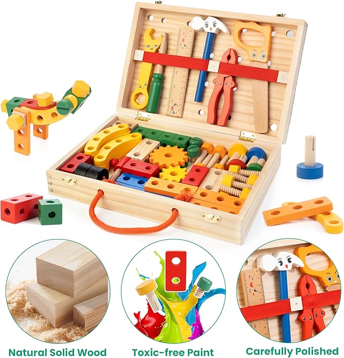 WOOOMAM Kids Tool Set, 90 PCS Wooden Toddler Tool Set with Box and Flash Cards, Tool Kit for Kids Age 3-5 Years, Toddler Boy Toys, FSC Certified Material