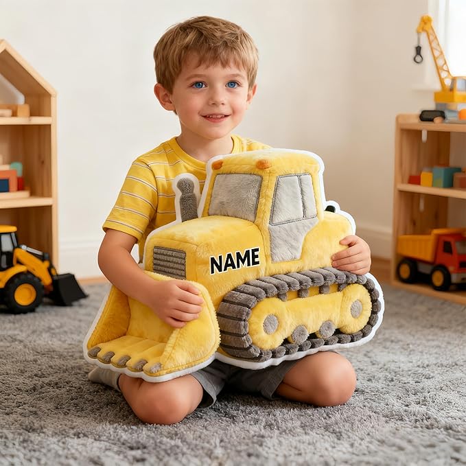 Custom Bulldozer Shaped Pillow Cute Personalized Name Plush Doll, Double-Sided Construction Engineering Vehicle Pillow for Kids, Birthday gifts for Boys and Girls Sofa Decorative Pillows 8-32in