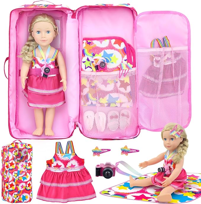 K.T. Fancy 6 Pcs 18 Inch Doll Carrier Bag Set and Accessories Including Girl Doll Clothes, Hair Clip, Picnic Blanket, Mini Toy Camera