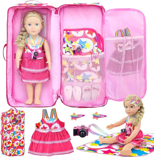 K.T. Fancy 6 Pcs 18 Inch Doll Carrier Bag Set and Accessories Including Girl Doll Clothes, Hair Clip, Picnic Blanket, Mini Toy Camera