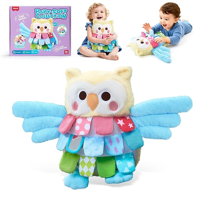 JoyCat Baby Tummy Time Toys 0-12 Months, Sensory Owl Stuffed Animal, Soft Montessori Infant Toy with Textured Crinkle Mirror, 13 Inch Carseat Toy for Newborn Boy Girl Shower Christmas Gift