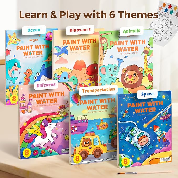 Paint with Water Books for Toddlers, Mess Free Watercolor Painting Activity for Kids Ages 1-3, 2-4, 4-6, Art Craft Coloring Gift with Brush, Airplane Travel Activities for Toddlers, Exploring Space