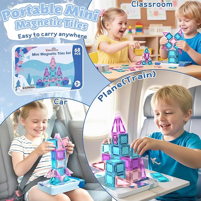 Dreamon Mini Magnetic Tiles, 68PCS Travel Set with Storage Case, Ice Castle Building Blocks STEM Toys for Toddlers Ages 3-5, Educational Games Sensory Exploration Toys for Boys and Girls