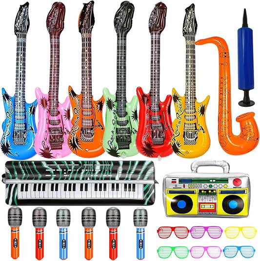 22 Pack Inflatable Guitar,Blow Up Guitar,Inflatable Rock Star Toy Set,6 Inflatable Guitars,6 Microphones,6 Shutter Shading Glasses,1 Saxophone,1 Inflatable Piano,1 Inflatable Recorder