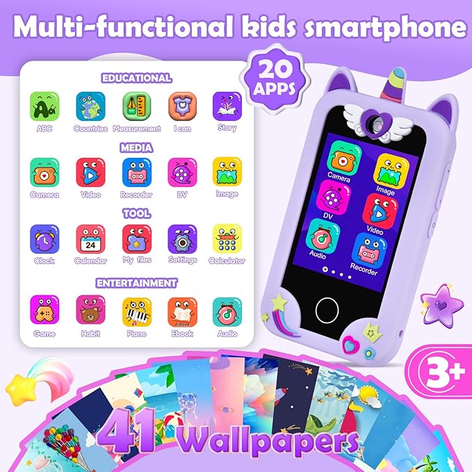 Kids Smart Phone for Girls, Kids Camera Toy Phone for Ages 3 4 5 6 8 Year Old, Christmas Birthday Gifts Toddler Cell Phone with Touchscreen, 44 Games, Music Player, 32GB Card & Bag Purple