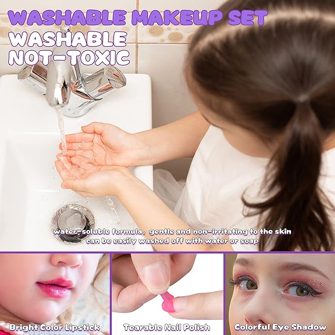 54 Pcs Kids Makeup Kit for Girls, Princess Real Washable Pretend Play Cosmetic Set Toys with Mirror, Birthday Gifts for 3 4 5 6 7 8 9 10 Years Old Girls Kids (Purple)