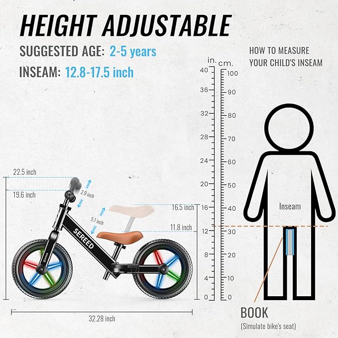 SEREED Toddler Balance Bike 2 Year Old, No Pedal Kids Bicycle Toys for 2-5 Years Old, Tool-Free Adjustment, Customize Plate with Stickers, Gift for 2-3 Boys Girls (Black Lighting)