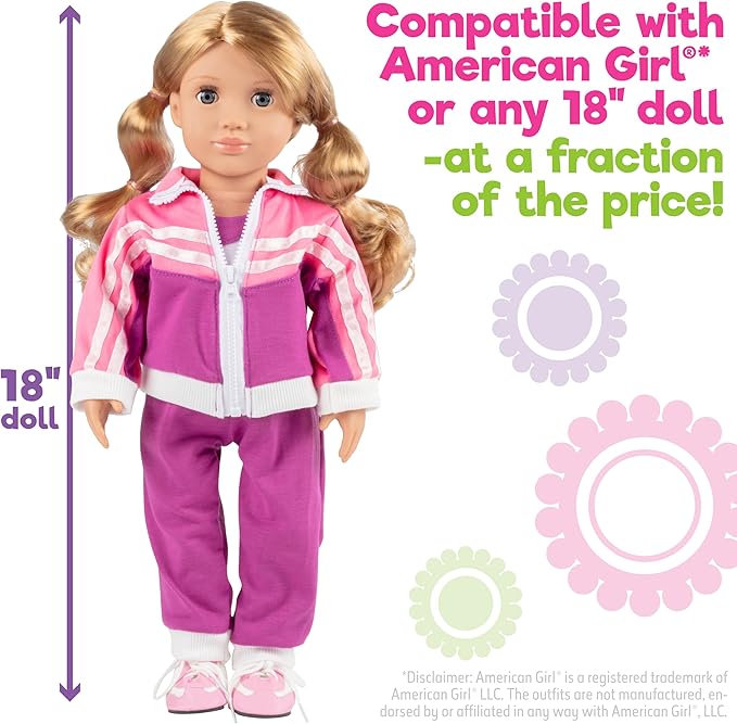 Gymnastics Doll Outfit for 18" Dolls (4 Piece Set) -Sports Premium Costume Handmade Clothes and Accessories Include Leotard, Warm-Up Pants & Jacket, Sneakers-Sports Apparel for Doll, Gift for Girls