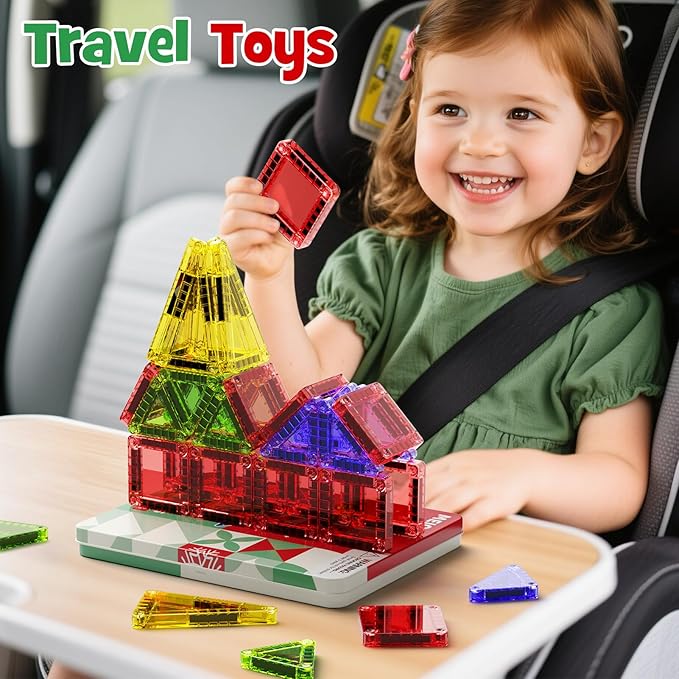 Christmas Magnetic Tiles for Kids, 26 PCs Mini Magnetic Building Blocks with Festive Iron Storage Box, STEM Travel Toys for Toddlers Ages 3-5+, Educational Learning Gift for Boys & Girls