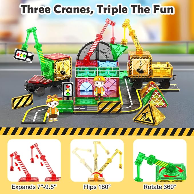 Coodoo 100 PCS Magnetic Tiles Road Set with 3 Cranes & 2 Cars - Magnetic Blocks City Construction Building Toys for 3+ Year Old Boys Girls Ideal Preschool Learning Outdoor Creative Toddler Kids Toys