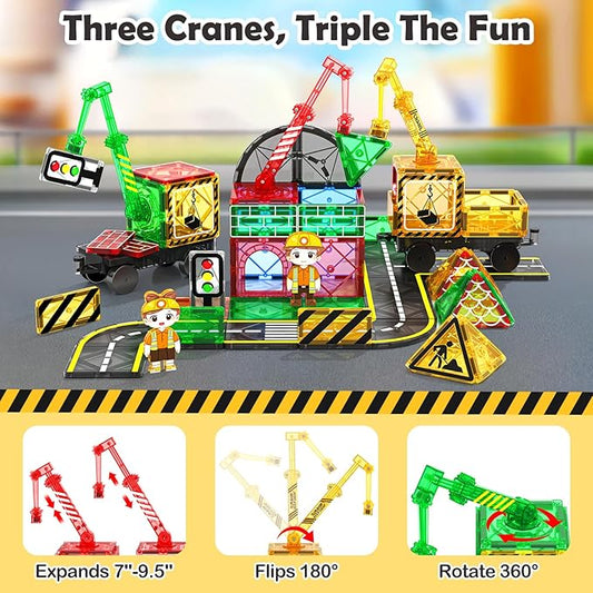 Coodoo 100 PCS Magnetic Tiles Road Set with 3 Cranes & 2 Cars - Magnetic Blocks City Construction Building Toys for 3+ Year Old Boys Girls Ideal Preschool Learning Outdoor Creative Toddler Kids Toys