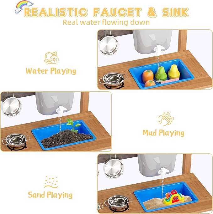 Kid's Wooden Play Kitchen, Outdoor Mud Kitchen with Water Play Set and Cooking Toys, Backyard Play for 3+ Years Kid