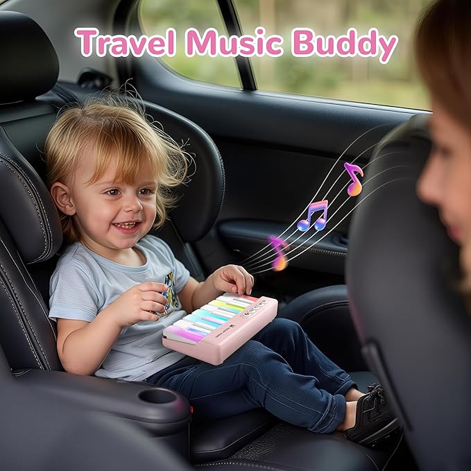 iPlay, iLearn Kids Mini Piano Toy W/Rainbow Lights, Toddler Pocket Travel Piano Keyboard for 1-3, Portable Musical Instrument Toys, Music Interactive Birthday Gift 2 4 5 6 Year Old Boy Girl Child-Pink