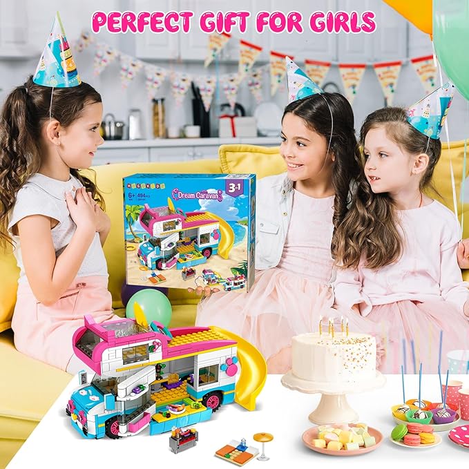 HOGOKIDS 3-in-1 Girls Camper Van Building Set - 494PCS Summer Beach Camping Building Blocks Sets | Food Truck Toys with Slide and Stickers | Easter Gifts for Girls Boys Age 6 7 8 9 10 11 12+