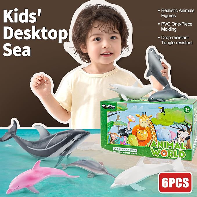 6PCS 5" Realistic Dolphin Figurines Toy for Toddlers, Ocean Animal Bath Toys for Kids, Dolphin Cake Toppers & Birthday Party Favors & Gifts for Boys & Girls