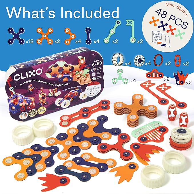 Clixo Mars Station Pack - 48 Magnetic Pieces in 14 Shapes. Flexible STEM Building Glow-in-The-Dark Set with All-Terrain Wheels & Galactic Adventure. Build Rovers, Spaceships & Labs. Ages 6+