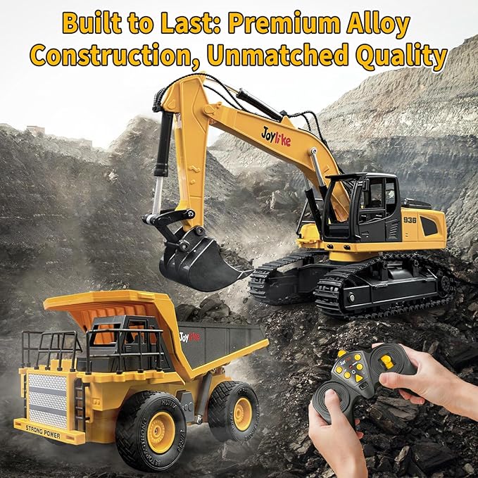 RC Excavator and Dump Truck Toy Set，2.4Ghz Metal Remote Control Construction Vehicle with Light&Sound, Best Christmas Toy for Boys 8+Year Old Kid